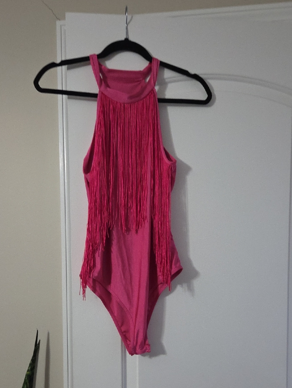 Hot Pink Fringe Halter Bodysuit